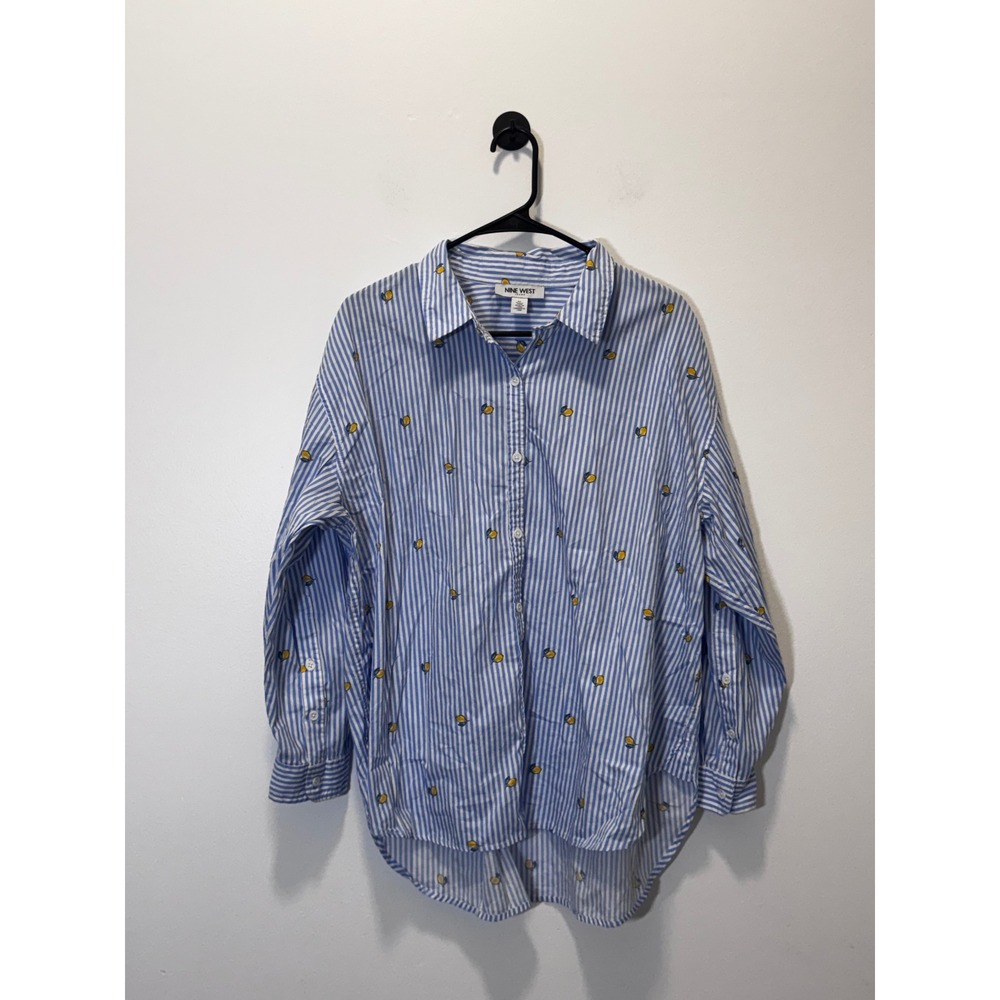Nine West Jeans Women XL Blue White Striped Lemon Print Cotton Button Down Shirt